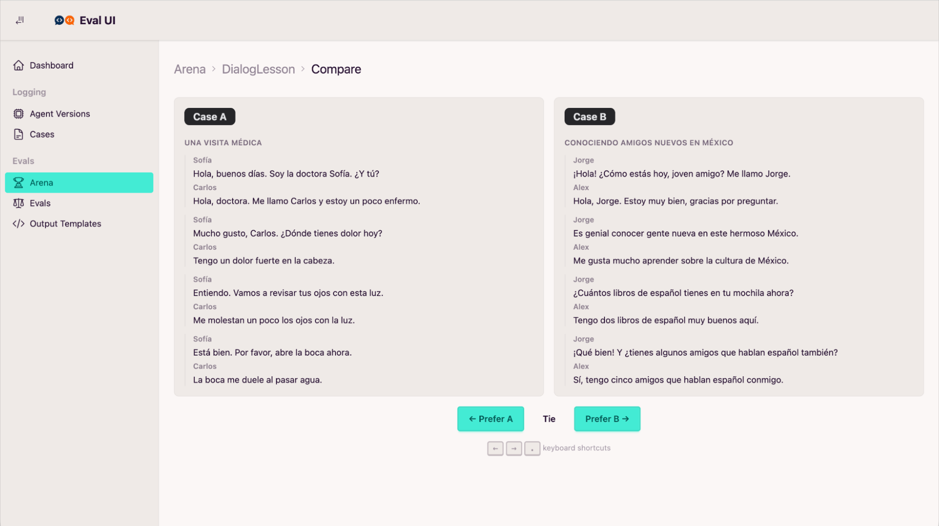 Screenshot of the pairwise eval UI comparing two agent outputs side by side