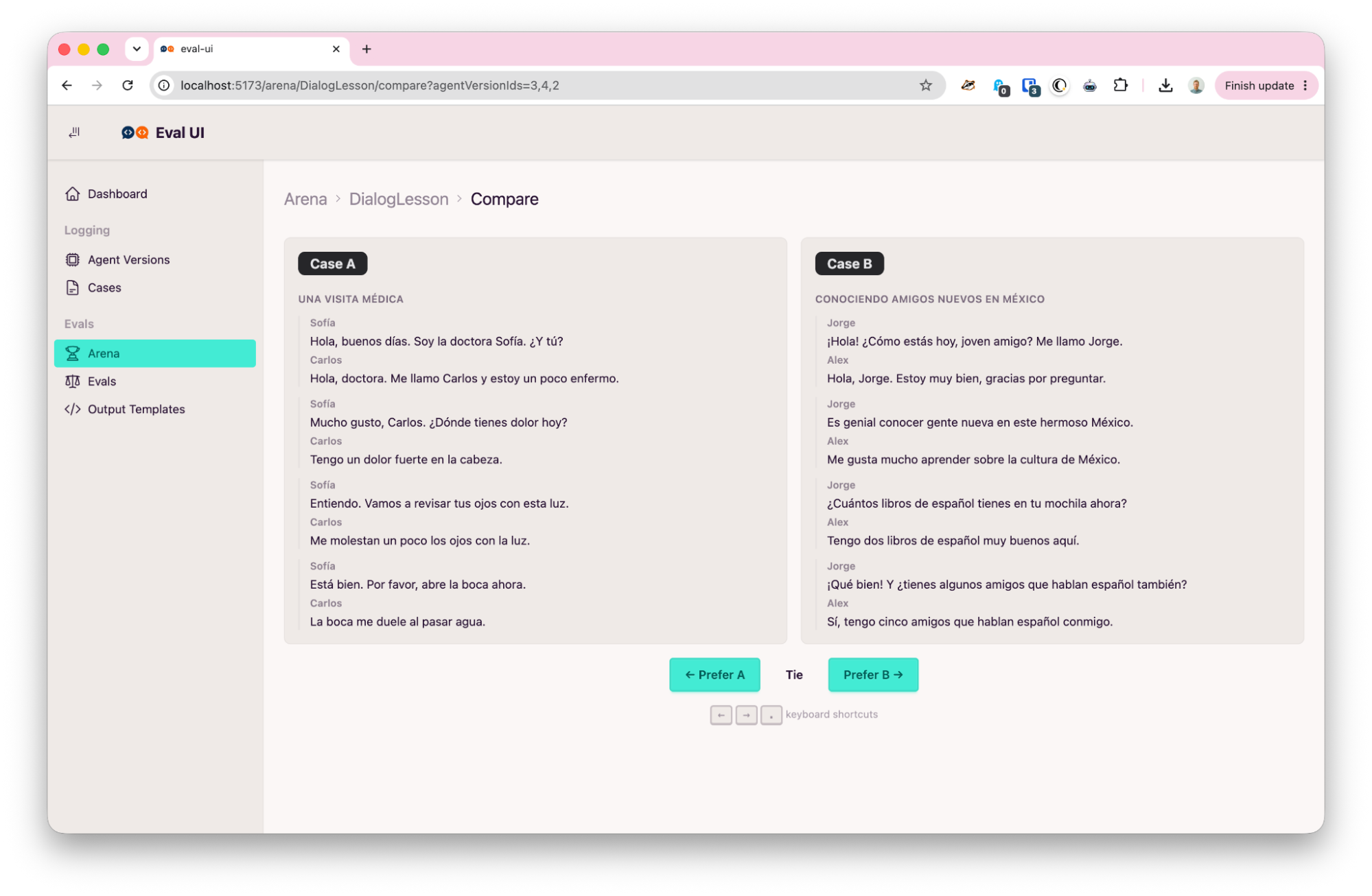 Screenshot of the Eval UI compare view, showing two Spanish dialog lessons side by side with &ldquo;Prefer A&rdquo;, &ldquo;Tie&rdquo;, and &ldquo;Prefer B&rdquo; buttons at the bottom