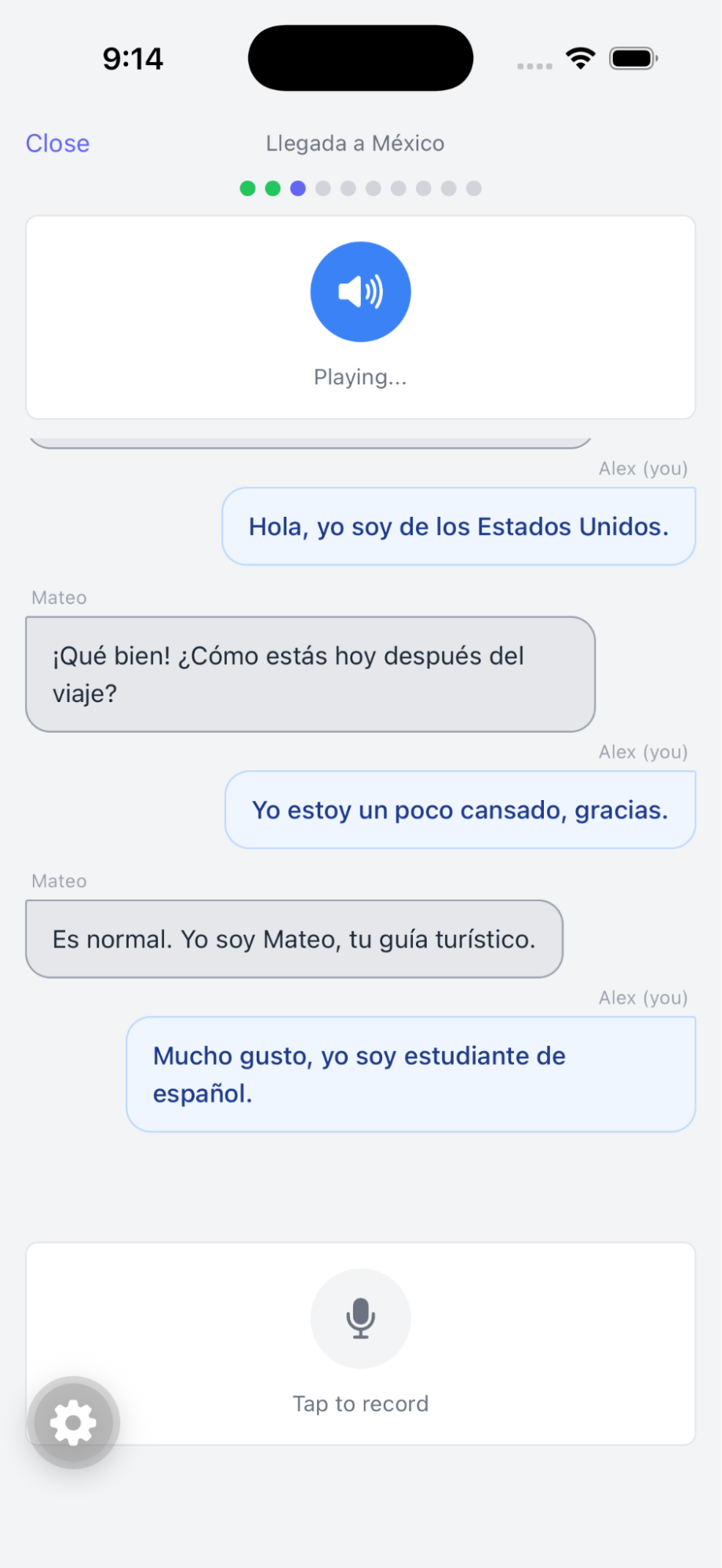 iPhone screenshot of a Spanish dialog lesson: a back-and-forth conversation between the user and Mateo about arriving in Mexico, with a microphone input to record responses