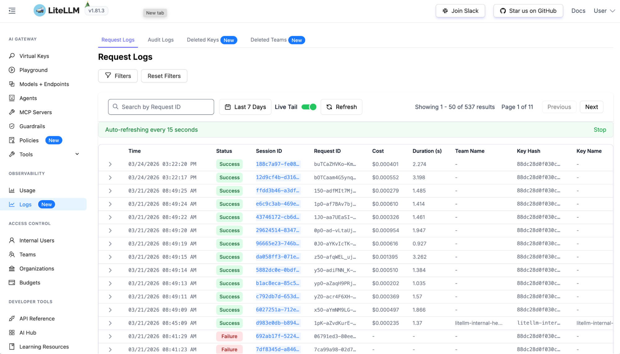 LiteLLM dashboard showing prompt logging and cost tracking